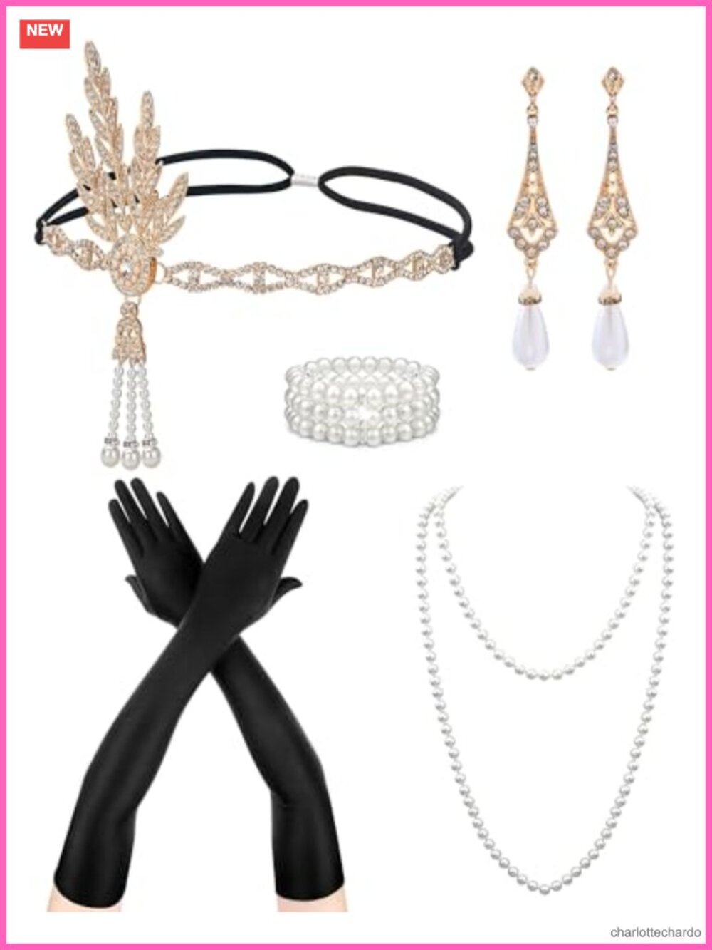 1920s Flapper Accessory Set Feather Headband Pearl Jewelry Long Gloves 5 Pcs